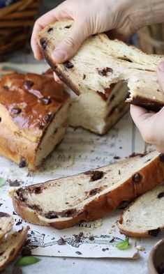 a person holding a piece of bread with chocolate chips on it next to other pieces of bread