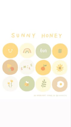 the suny honey logo is shown in various colors and shapes, including circles with smiley faces