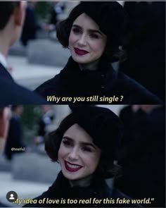 a woman in black is smiling and talking to another person with the caption'why are you still single? '