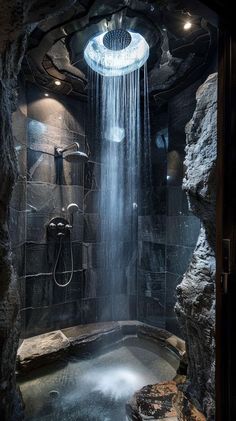 a shower head in the middle of a room with rocks and water flowing from it