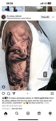 a person with a tattoo on their arm and an image of a fox in the background