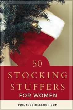 stockings hanging from a christmas tree with the text 50 stocking stuff for women