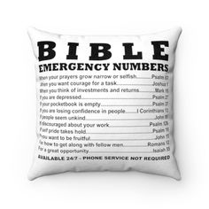 a pillow that says bible emergency numbers