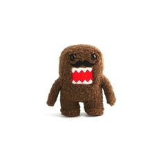 a brown stuffed animal with a red mouth and large teeth on it's face