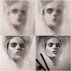 the process of drawing a woman's face in charcoal and white paper with pencils