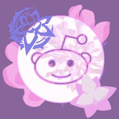 a drawing of a pig on top of a purple background with pink and blue flowers