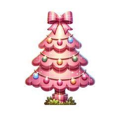 a pink christmas tree with ornaments and bows on it's top, in front of a white background