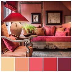 a living room filled with furniture and lots of color swatches in shades of pink