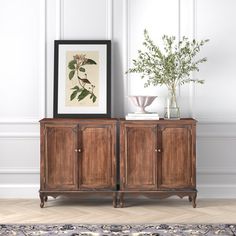 a wooden cabinet sitting next to a plant on top of a rug