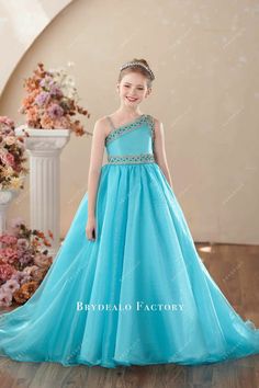 Rhinestones Pool Blue Organza Asymmetrical Neck Teen Pageant Gown Cinderella's Dress, Kids Gowns, Teen Pageant, Pageant Gown, Blue Organza, Pool Blue, Kids Gown, Cinderella Dresses, Pageant Gowns