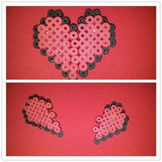 two pictures of buttons in the shape of a heart on a red background with black dots