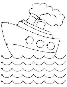 a boat in the water with dotted lines on it's side and clouds above