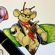 a drawing of a cartoon mouse on a skateboard with an apple and parachute in the background