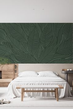 Image of dark green leaves wallpaper from HappyWall Dark Green Wallpaper Accent Wall, Wallpaper Boho Bedroom, Leaf Accent Wall, Dark Bedroom Inspirations, Dark Green Leaves Wallpaper, Leaf Mural, Green Leaves Wallpaper, Green Leaf Wallpaper, Dark Green Wallpaper