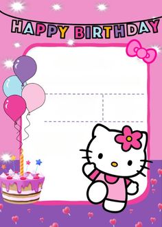 a hello kitty birthday card with a cake and balloons