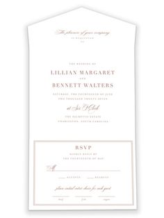 the wedding stationery is shown in gold and white, with an elegant border on top