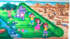 children's mural painted on the side of a building in an area with hills and trees