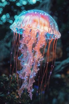 a jellyfish is floating in the water with its head turned to look like it's glowing