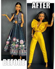 two barbie dolls before and after being dressed in yellow pants, cropped top and high - waisted jumpsuit