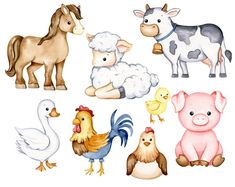 a group of farm animals and chickens on a white background with watercolor style illustrations