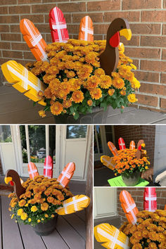 several pictures of fake flowers in a pot with turkey decorations on it and an orange flower arrangement