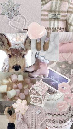 a collage of pink and white items