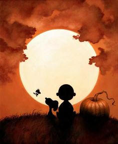 a painting of a little boy holding a pumpkin in front of a full moon,