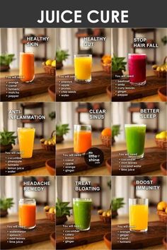 an image of juices that are labeled in different colors and sizes on the table