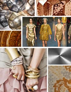 many different types of clothing and accessories are shown in this collage, including gold