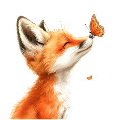 a painting of a fox with a butterfly on it's nose, looking up at the sky