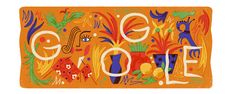 an orange placemat with the words google spelled in white letters and colorful images on it