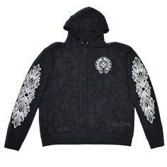 Chrome Hearts Allover Cemetery Print Horseshoe Logo Hoodie Guaranteed 100% authentic and genuine SUPER RARE, JUST RELEASED! New / unworn Very rare, low production piece Thick black cotton fleece knit Allover tonal Chrome Hearts 'cemetery' crosses motif print  Chrome Hearts horseshoe and tonal 'Ch' logo prints on front Chrome Hearts floral motif print on sleeves Large Chrome Hearts scroll logo on back Small Chrome Hearts scroll logo on back bottom hem Genuine silver eyelets with floral motif Drawstring hood, kangaroo pocket, ribbed cuffs Oversized fit Made in USA Size Medium Measurements  Pit to pit: 25" Shoulder to shoulder: 22" Top of collar to bottom hem: 27" Shoulder seam to sleeve end: 26.5" All photos show actual item. Chrome Hearts Sweatpants, Horseshoe Logo, Chrome Hearts, Cotton Fleece, Floral Motif, Very Rare, Oversized Fits, Kangaroo Pocket, Black Cotton