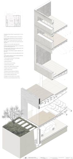 an architectural drawing shows the different sections of a building with plants growing out of it