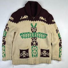 Vintage Hand Knit Wool Cowichan Siwash Jacket Native American Totem Pole (Rare, hard to find design) Approx Sz: Large/XL (No tag, please see measurements) Condition: Overall excellent pre-owned condition. Zips up and down perfectly. Stains as shown. Very thick, heavy weight knit. Smoke free home. Pet friendly home. Rare find at this size. Approx Measurements Pit to Pit 23"  Collar to Bottom 32"  Pit to end of Sleeve 20" Native American Totem Poles, Native American Totem, Totem Pole, Heavy Weight, Hard To Find, Sweater Outfits, Hand Knitting, Nativity, Native American