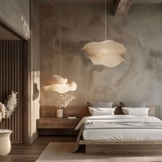 A serene Japandi bedroom that demonstrates the power of incorporating a sculptural statement pendant light, made from natural materials like paper, bamboo, or ceramic, in creating visual interest Tulum Style Bedroom, Natural Modern Bedroom, Contemporary Minimalist Bedroom, Bungalow Interior Ideas, Wabi Sabi Bedroom Design, Bedroom Ideas Elegant, Serene Room, Minimalist Bedroom Decor Ideas, Bedroom Japandi