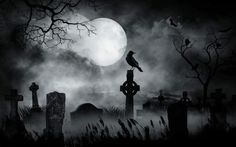 a black and white photo of a cemetery at night with a crow sitting on the tombstones