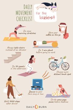 Bust out of any rut with this simple and totally doable daily movement checklist and see how your body (and entire life!) transforms. Incorporate these nine small yet super productive habits into your everyday schedule and get ready to meet a healthier and fitter you! 🌟 Tap the pin to discover great sweaty workouts that will take you just 5 minutes to accomplish! #healthylifestyle #activelifestyle #keepfit #dailymovement #healthyhabits #fitnessgoals Healthy Habit Checklist, Workout Routine Planner, Daily Productive Habits, Healthy Everyday Habits, How To Make Exercise A Habit, Exercises To Do Everyday, Simple Everyday Workout, Simple Everyday Workout Routine, Small Daily Goals