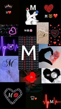 many different images with hearts and heartbeats on them, including the letter m in red