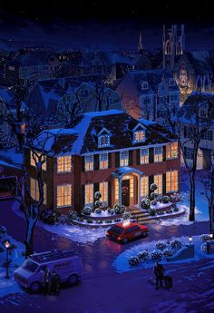 a painting of a house in the snow at night with cars parked on the street