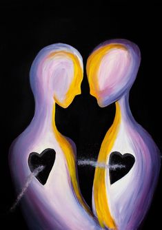 two white and yellow figures with hearts on their backs, painted in acrylic paint