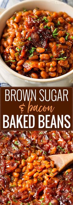 brown sugar and bacon baked beans in a casserole dish