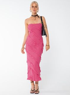 Strapless maxi dress, frill detail throughout Inner silicone strip at bust, invisible zip fastening at side Non-stretch, fully lined  100% polyester  Cold machine wash Fleece Dress, Strapless Maxi, Strapless Maxi Dress, Outerwear Outfit, Pink Maxi Dress, Curve Dresses, Midi Maxi Dress, Casual Tank Tops, White Midi Dress