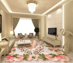 the living room is decorated in white and pink tones with flowers on the floor, along with a large flat screen tv