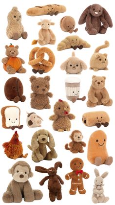 many different stuffed animals are shown together