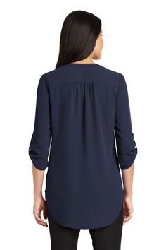 Port Authority ® Ladies 3/4-Sleeve Tunic Blouse. LW701 - TRUE NAVY - S | Port Authority Women's 3/4-Sleeve Tunic Blouse in True Navy Blue Size Small | Polyester Navy Blue Blouse, Port Authority, Long Tunic, True Blue, Tunic Length, Tunic Blouse, Work Shirts, Office Outfits, Blue Blouse