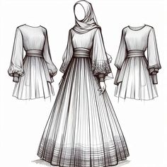 How To Draw Abaya, Anarkali Flat Sketch, Abaya Pattern Sewing, Abaya Technical Drawing, Bride Fashion Illustration, Abaya Pattern, Tech Pack