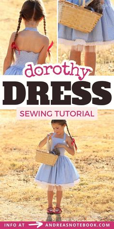 two girls in dresses sewing with text overlay that reads, dorothy dress sewing pattern