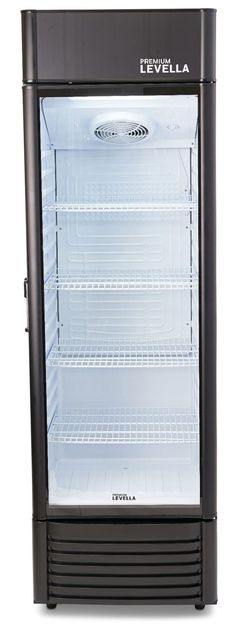 an empty black refrigerator with the door open