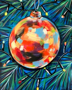 a painting of a christmas ornament hanging from a pine tree