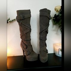 Style: Knee High Boots (Varies On Your Body Structure) Women Size: 5.5 Heel Height: 4½+ Inches (+/-) (Please Know Your Size As These Are Final Sale) Colorway: Brownish-Grey W/Metal Accent Chain & Buckets Material: Suede/Leather Condition: Like New See Pictures An Injury Prevents Me From Wearing Heels This High These Are Absolutely Gorgeous & Hard To Let Go. Never Worn. They Are Heavier In Weight Due To Their Quality. If You Want High Quality, Rare Finds, Stop The Room, Compliment Getting Boots T Due Boots, Long Cowgirl Boots, Chunky Knee High Boots, Style Knee High Boots, Boot Heels, Over Knee Boots, Fur Heels, Body Structure, Knee High Heels